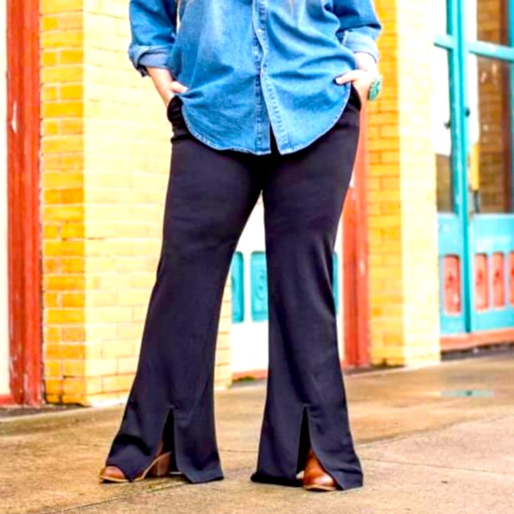 Ponte front slit bell bottom pants in black by L&B